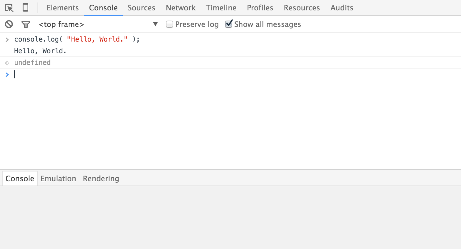 Screenshot of JavaScript console returning the test: Hello, World.