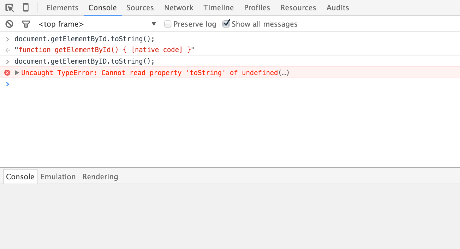 Screenshot of JavaScript console showing how not using the accepted case for defined functions (like getElementByID instead of getElementById) will return an error.