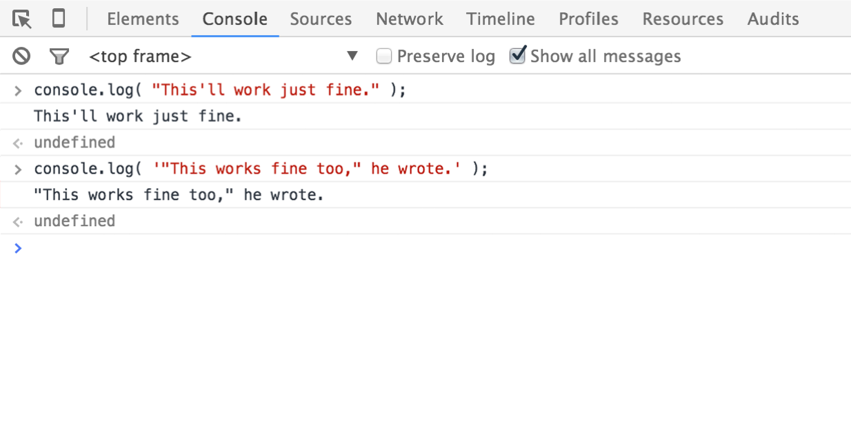 Screenshot of JavaScript console showing how quotes either need to be paired single quote or double quotes, not a mixture of single and double.