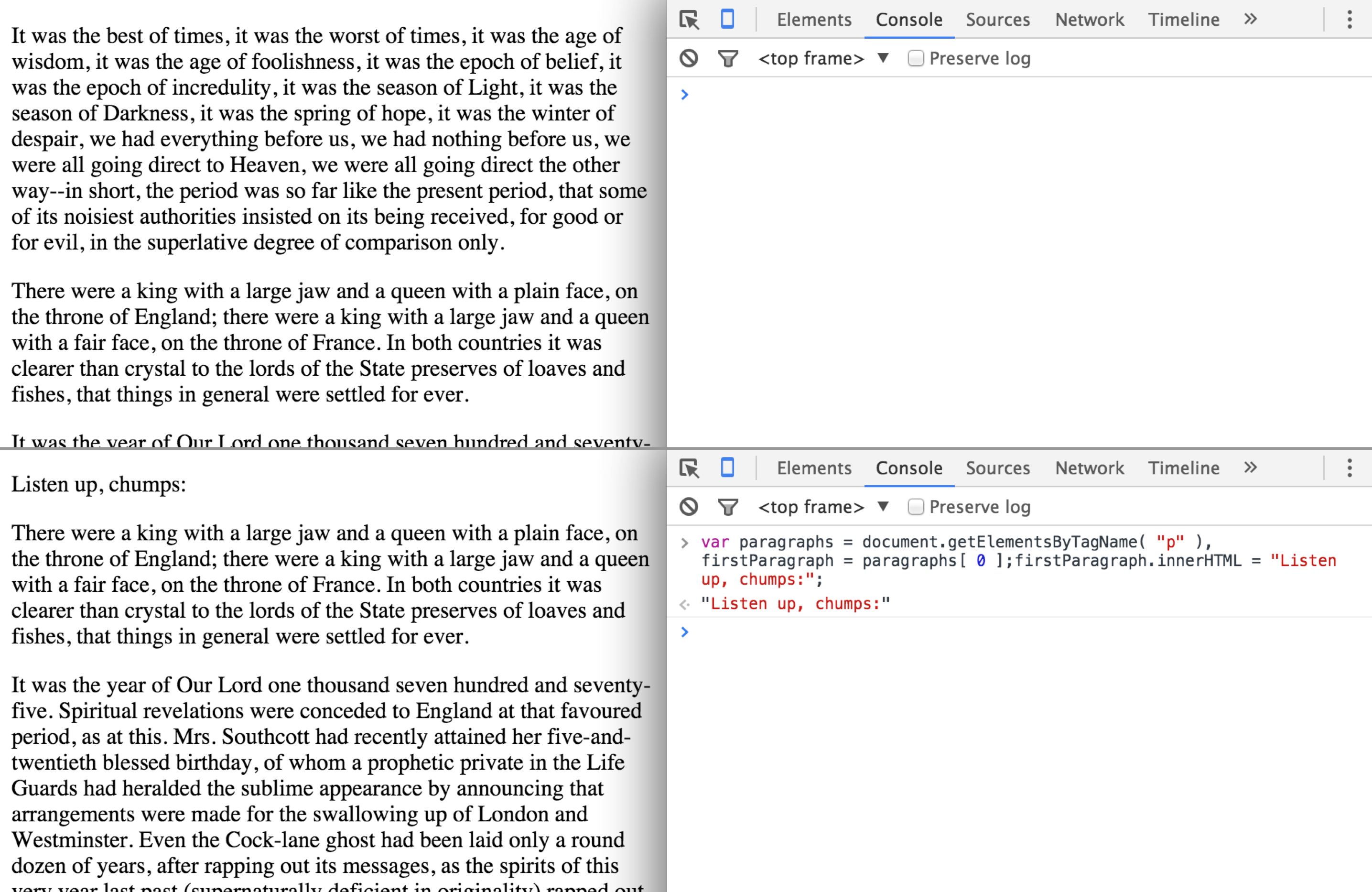 Screenshot of JavaScript console and rendered HTML page side-by-side,  showing markup being updated as changes in the DOM are being made.